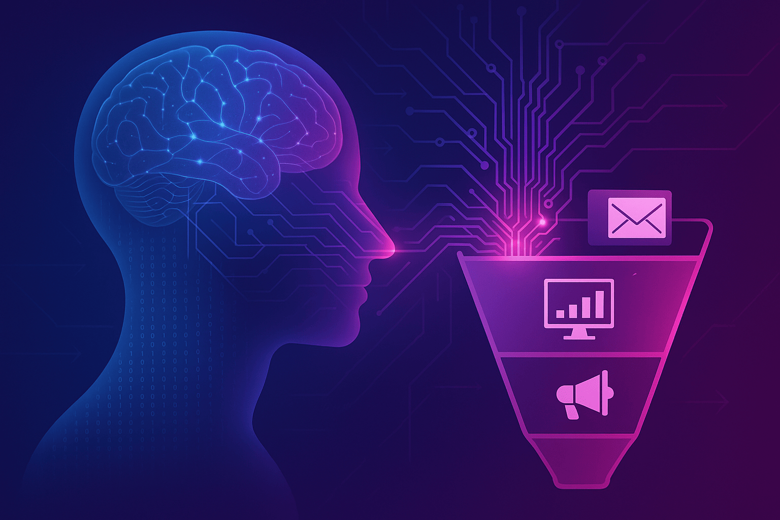 Abstract conceptual artwork showing a human brain and neural network intertwined with a marketing funnel.  The left side: a translucent human head composed of data streams, symbolising human reasoning.  The right side: AI circuitry morphing into marketing