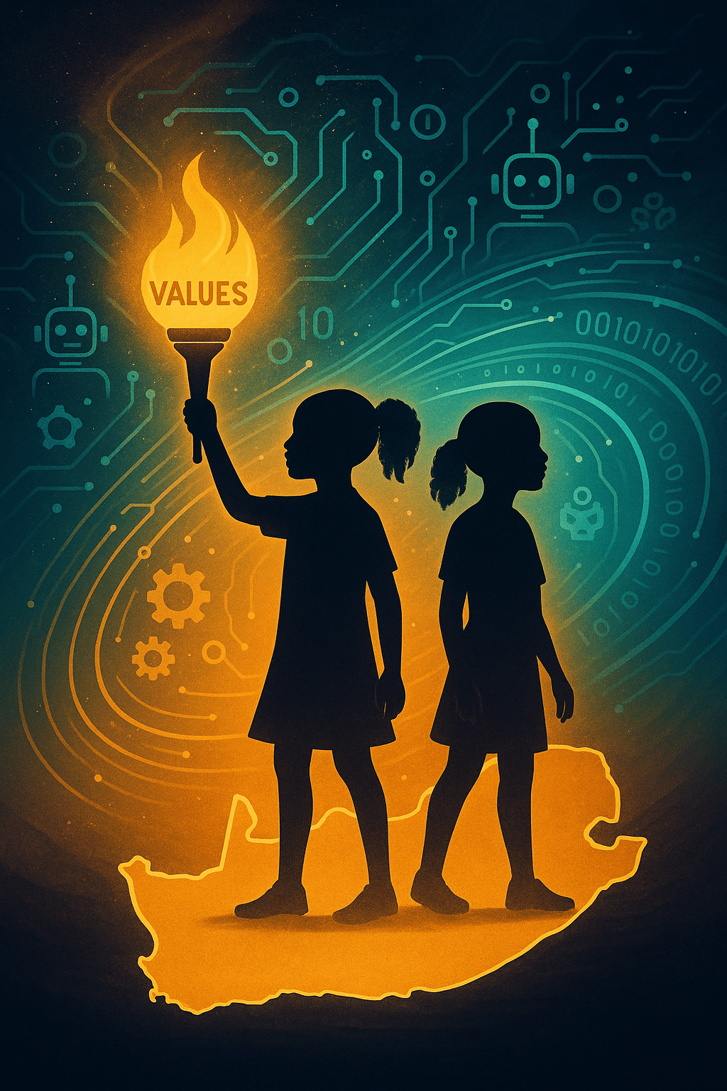 A bold, modern digital illustration of two silhouetted figures standing on a glowing platform shaped like South Africa. One holds a torch representing "values", shining brightly through a storm of digital AI icons (robots, data streams, code).