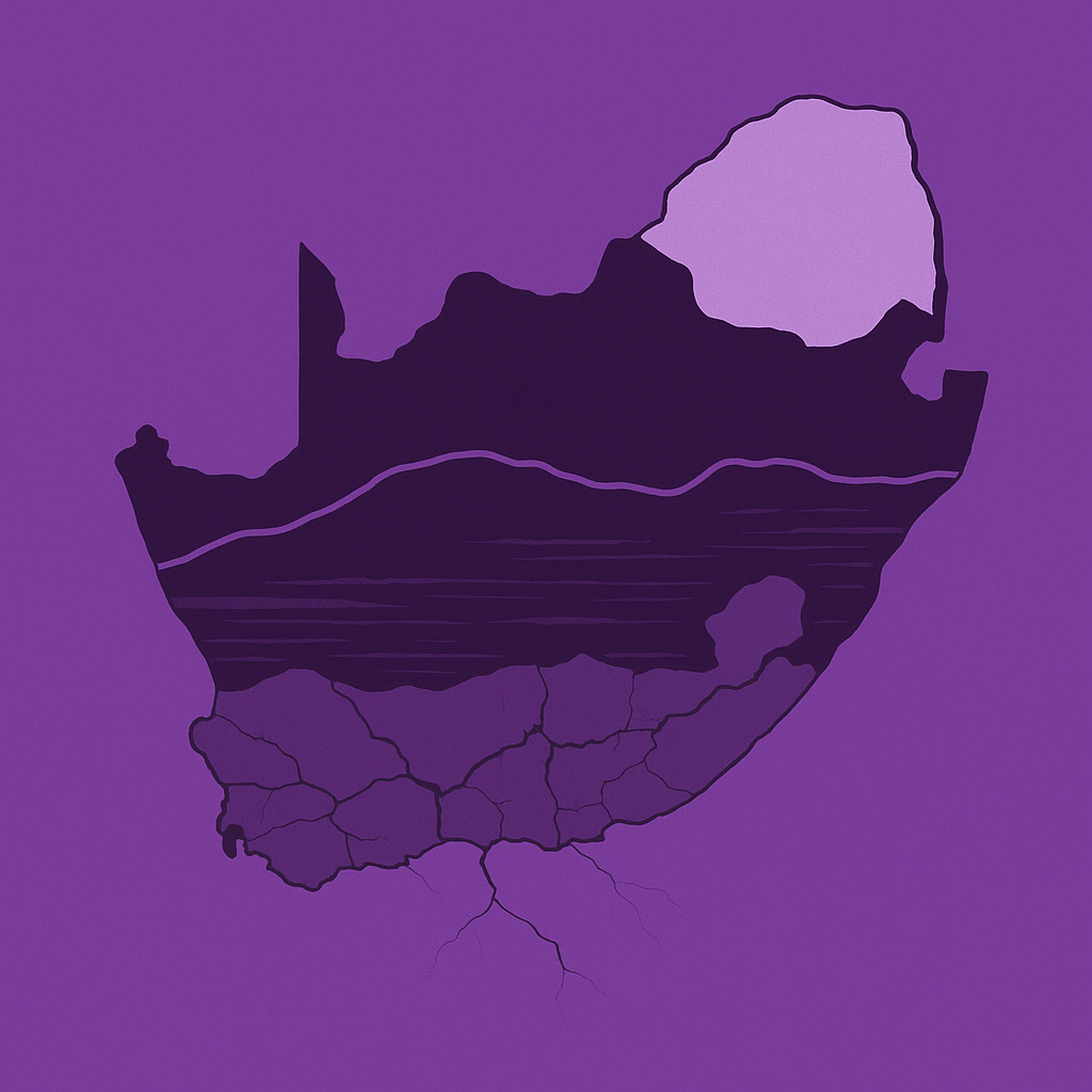 Abstract visual showing South Africa’s outline fractured into layers representing power, inequality, violence, and institutional collapse. Stark, high-contrast, minimalistic, no text.