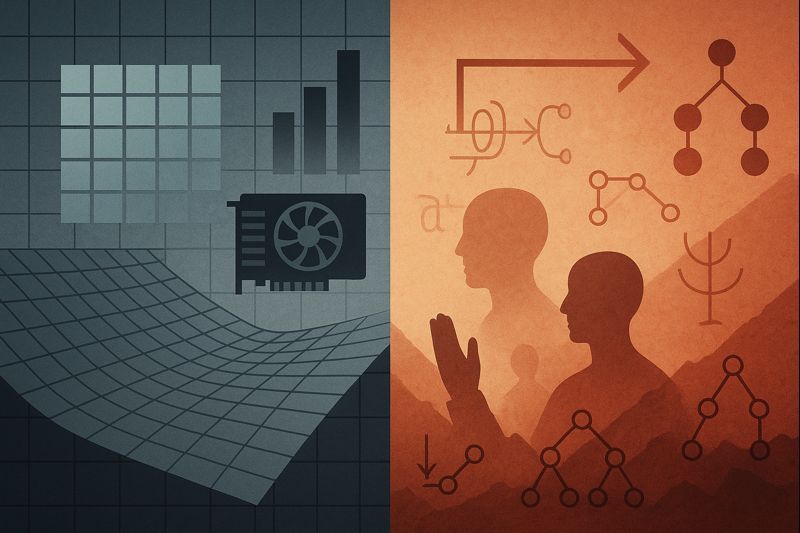 Abstract, text-free conceptual artwork.  Visual concept: A split landscape. On one side, rigid geometric grids, gradient fields, matrices, GPUs, and glowing benchmarks rising like industrial towers. On the other, partially obscured symbols: causal graphs,