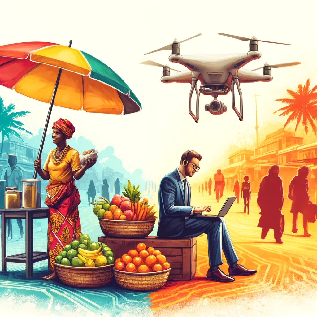 A vibrant illustration of an African market bustling with activity, showing a street vendor selling fruits under a colorful umbrella in the foreground