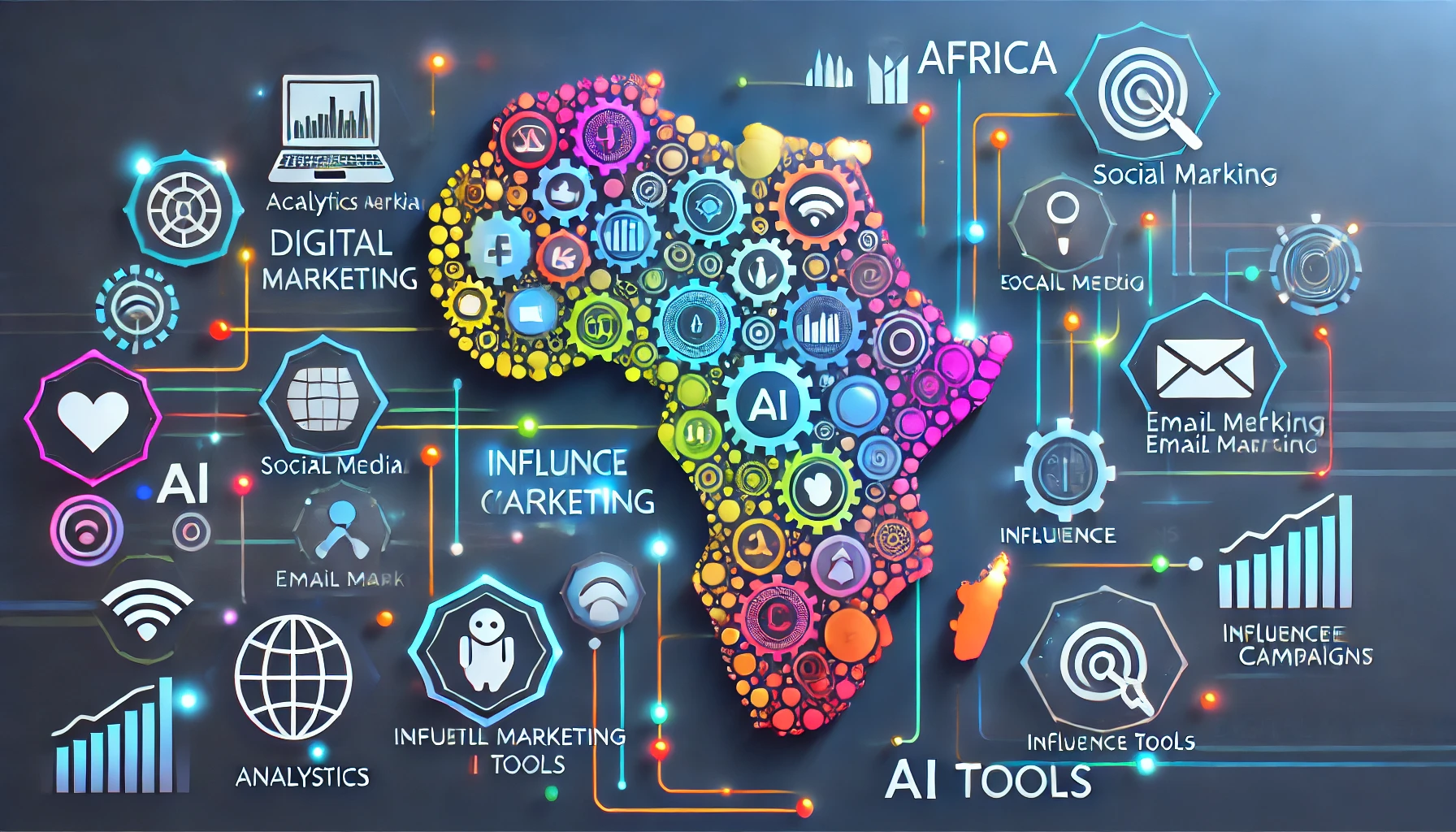 A futuristic digital marketing concept in Africa. A colorful map of Africa with interconnected digital icons representing analytics, social media