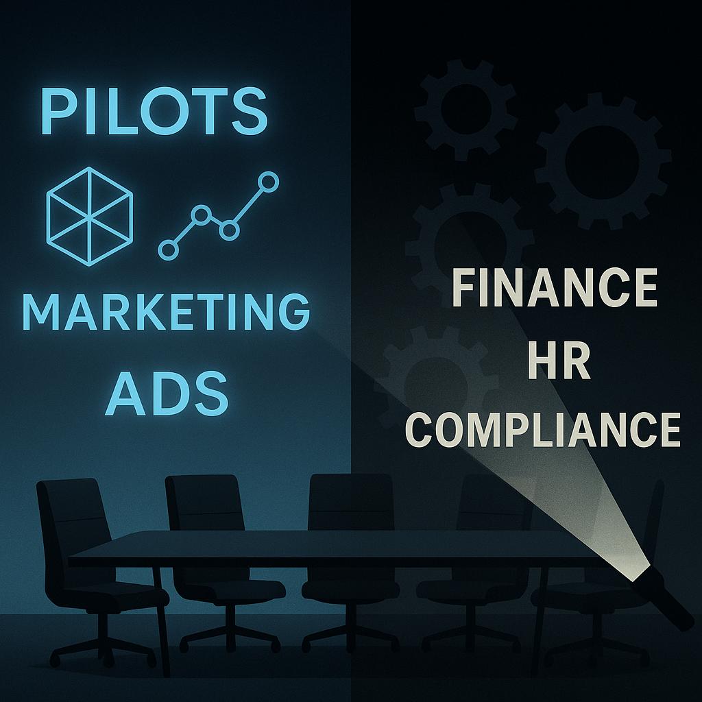 A corporate boardroom at night, split in two. On one side, glowing holograms of marketing buzzwords (pilots, campaigns, ads). On the other, hidden gears and machinery representing back-office functions (finance, HR, compliance).