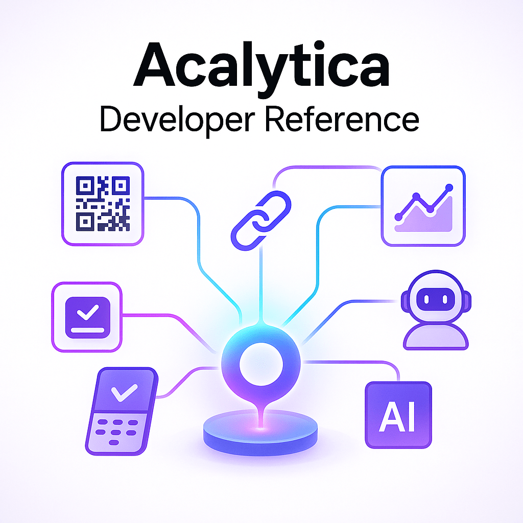 A sleek, futuristic digital workspace with a glowing central hub (representing Acalytica). From the hub, dynamic neon lines branch out to icons: a QR code, a link chain, a payment terminal, an analytics graph, and an AI robot assistant. The background is c