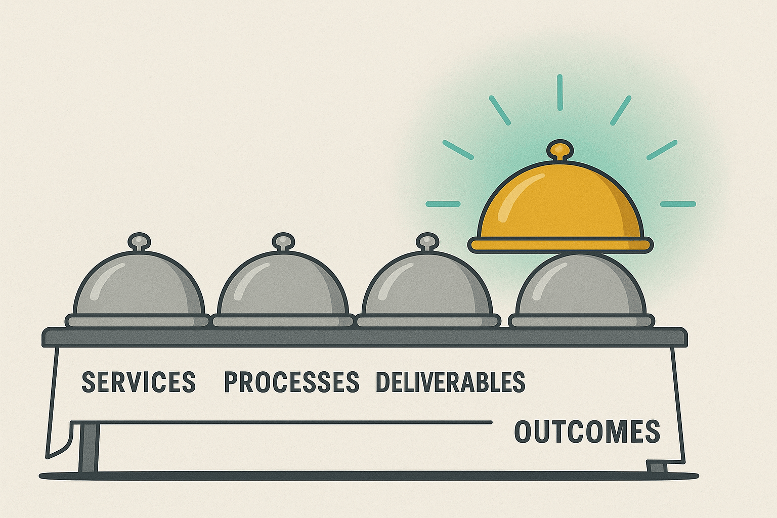 A buffet table illustration. On it, bland identical dishes labelled “Services, Processes, Deliverables.”  Above the buffet, one shining golden dish labelled “Outcomes” stands apart, glowing.  Minimalist, flat style. Colours: muted greys for buffet, gold/te
