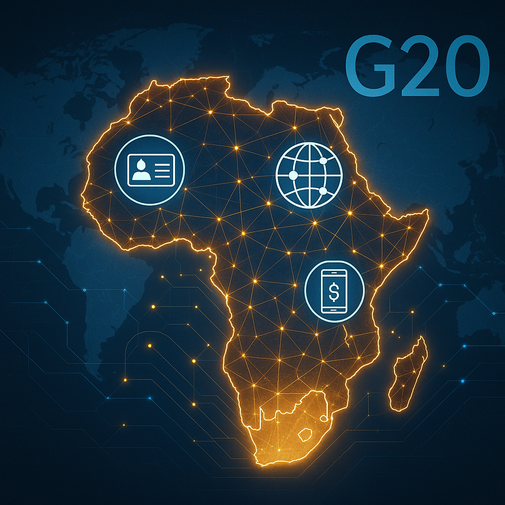 A high-resolution composite showing a digital map of Africa glowing with network connections, overlaid with icons of digital identity, payments, and data flows. South Africa is highlighted, with rays extending to G20 symbols in the background