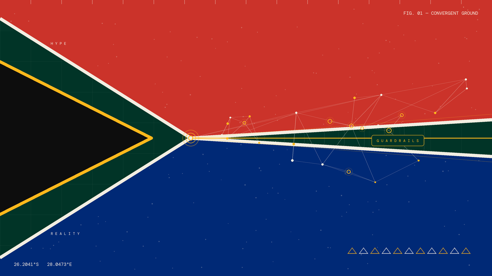 the South African flag's Y-form is abstracted into two great fields, red and blue, converging with the black-and-gold wedge into a single point, and from that convergence a network of nodes and hairlines fans out to the right — the old national pattern