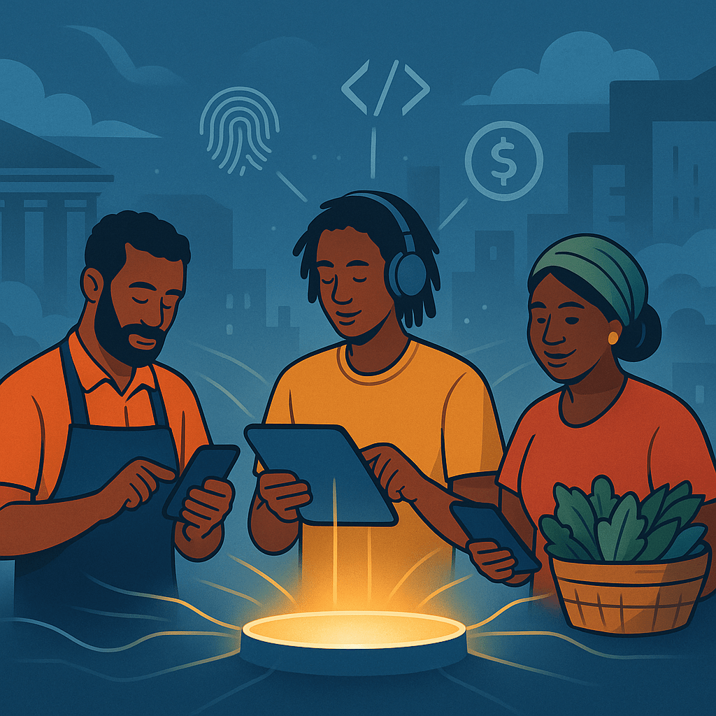 A powerful, clean digital illustration showing a diverse group of South African entrepreneurs—an artisan, a musician, and a market vendor—using mobile phones and tablets. They stand connected by glowing digital lines to a sleek central platform