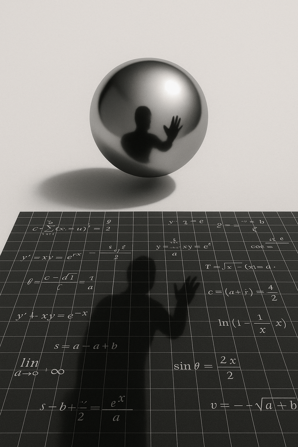 A minimalist conceptual image showing a reflective metallic sphere suspended over a grid of mathematical equations. The sphere mirrors a human silhouette reaching toward it, illustrating reflection without consciousness—symbolising that AI mimics human pat