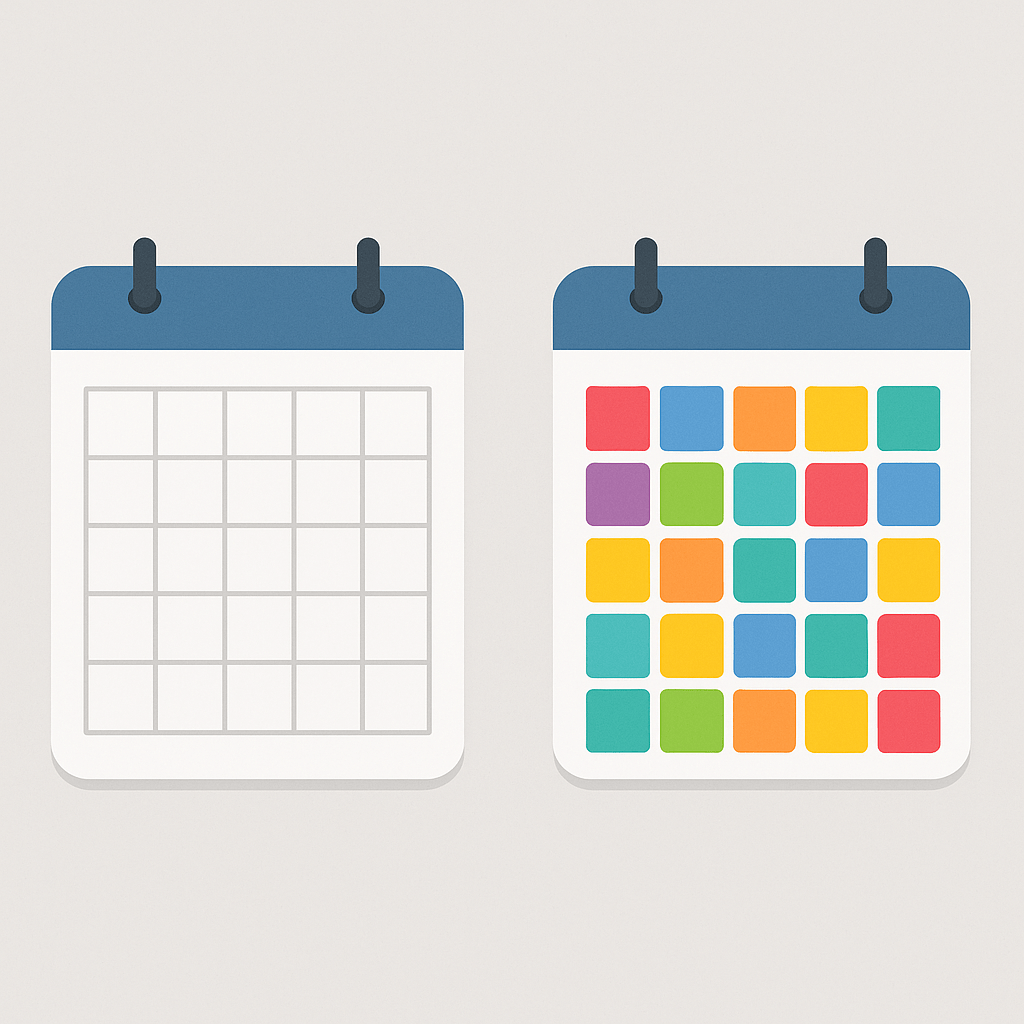 A calendar with blank squares on the left (representing “no templates”), and a colourful, neatly filled calendar on the right (representing “prompt templates”).