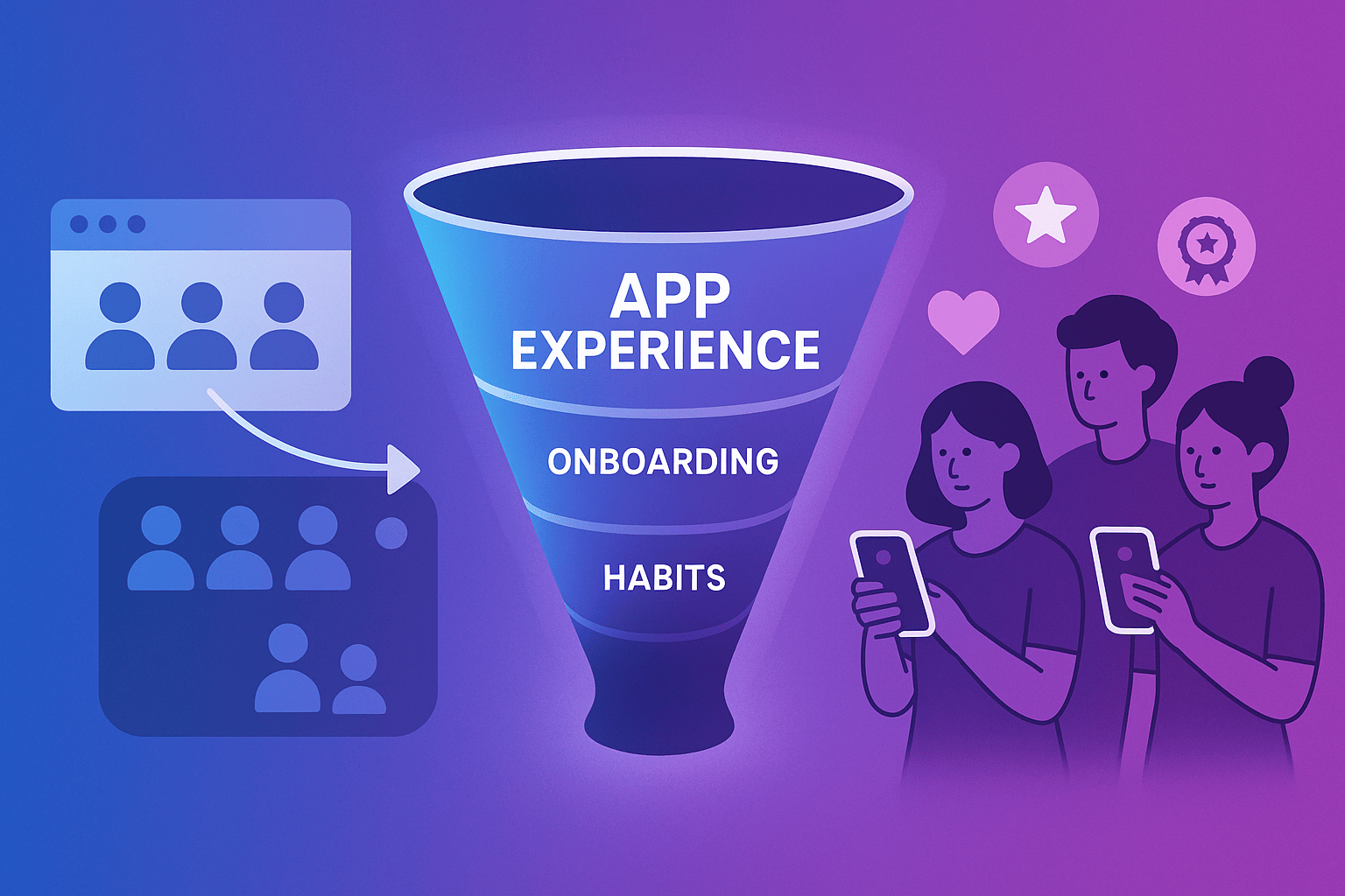 Left side: icons of a web browser window with users flowing in.  Middle: a glowing funnel labelled “App Experience” with stages (Onboarding, Habits, Engagement).  Right side: people holding smartphones with app screens, surrounded by loyalty symbols (heart