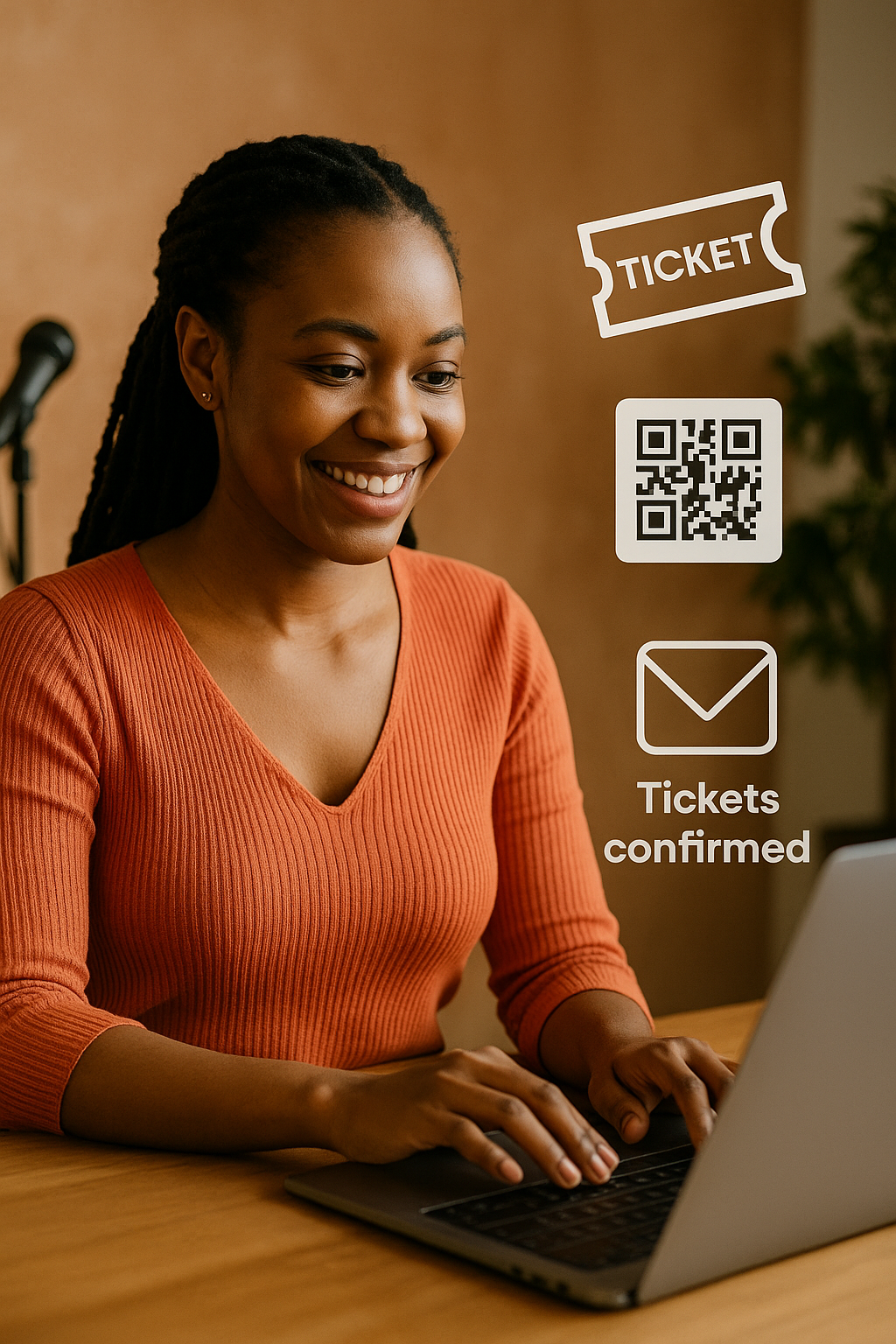 An African event organizer (musician, speaker, or yoga teacher) smiling as they check their laptop or phone with visible ticket sales or a calendar. Nearby, a digital overlay shows a ticket icon, QR code, and confirmation email.