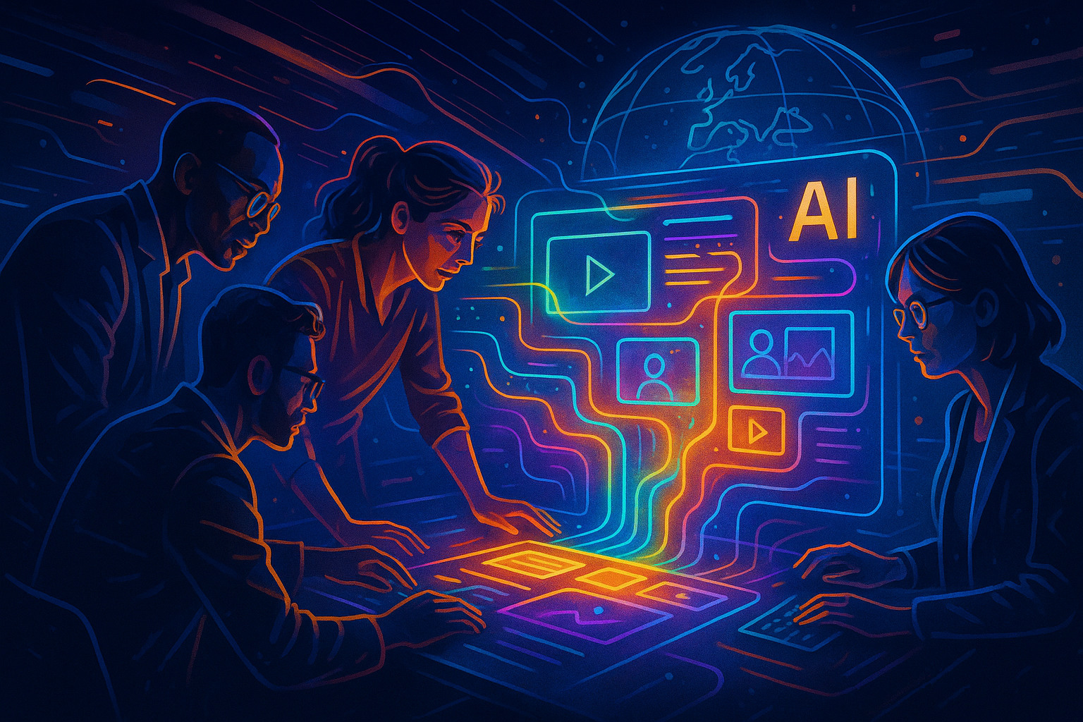 A bold, futuristic digital artwork showing a small, multidisciplinary team of strategists, creatives, and technologists collaborating around an AI-powered interface. The interface visually blends text, images, and video into glowing vector-like streams