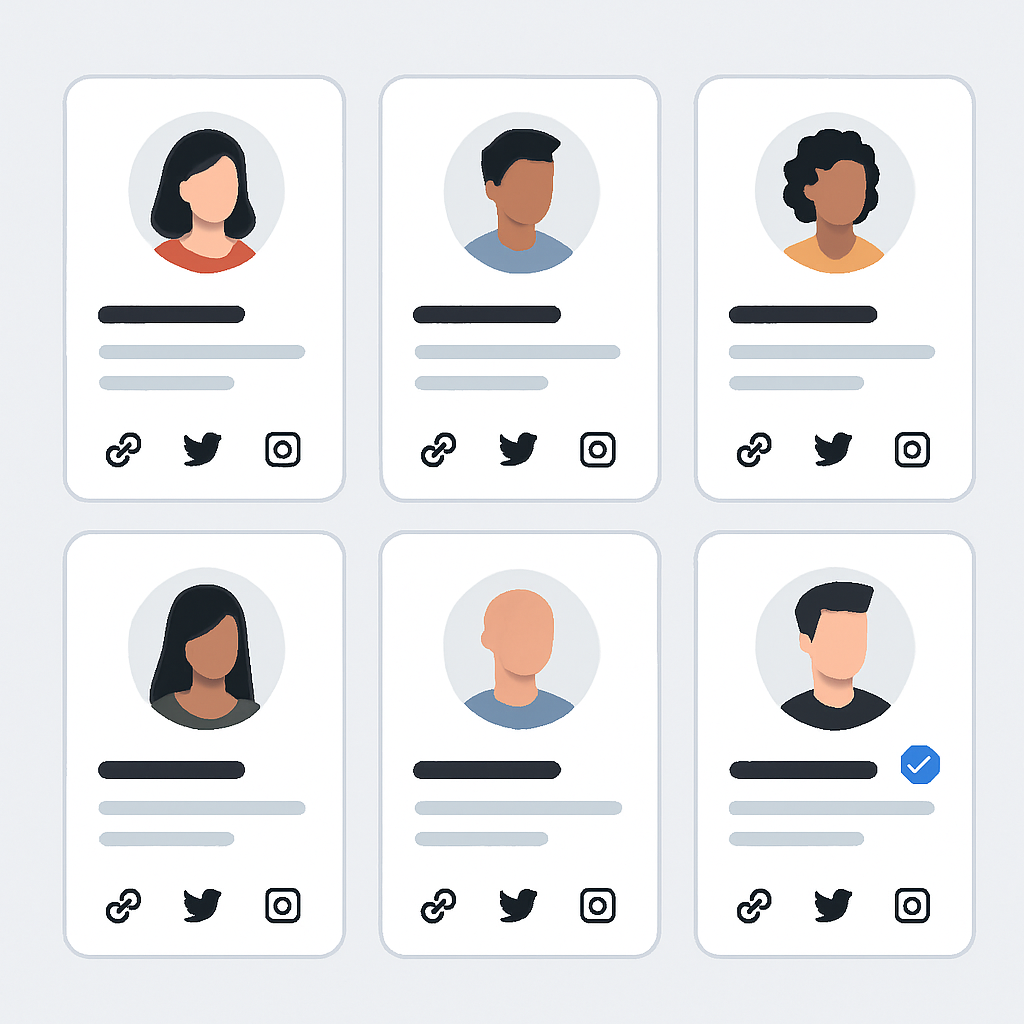 A stylized interface showcasing a grid of modern digital profile cards (like creator profiles), each with avatars, social icons, and a “verified” badge. The aesthetic is minimal, clean, and tech-oriented, symbolizing discoverability and credibility.