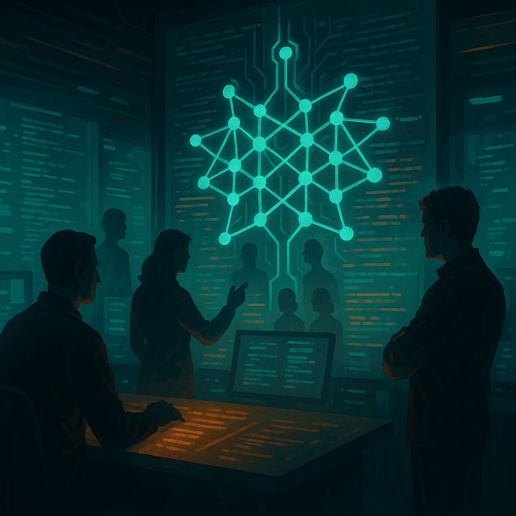 A neural network circuit intertwined with human silhouettes reviewing data streams in a glowing control room, symbolising collaboration between people and machines, cinematic lighting, futuristic but realistic style.