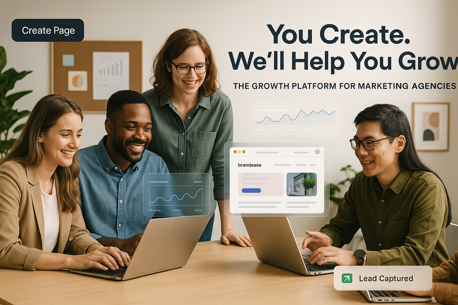 A confident marketing agency team (diverse group of 3–5 professionals) collaborating around a sleek modern desk, with laptops and digital whiteboards displaying branded client pages and analytics dashboards.