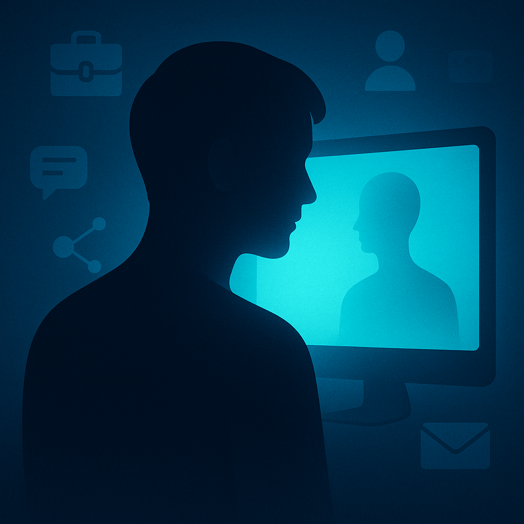 An abstract digital silhouette of a person reflected in a glowing computer or smartphone screen. The background features subtle icons representing social media, jobs, connections, and emails. The image should evoke the idea of “self-reflection in the digit