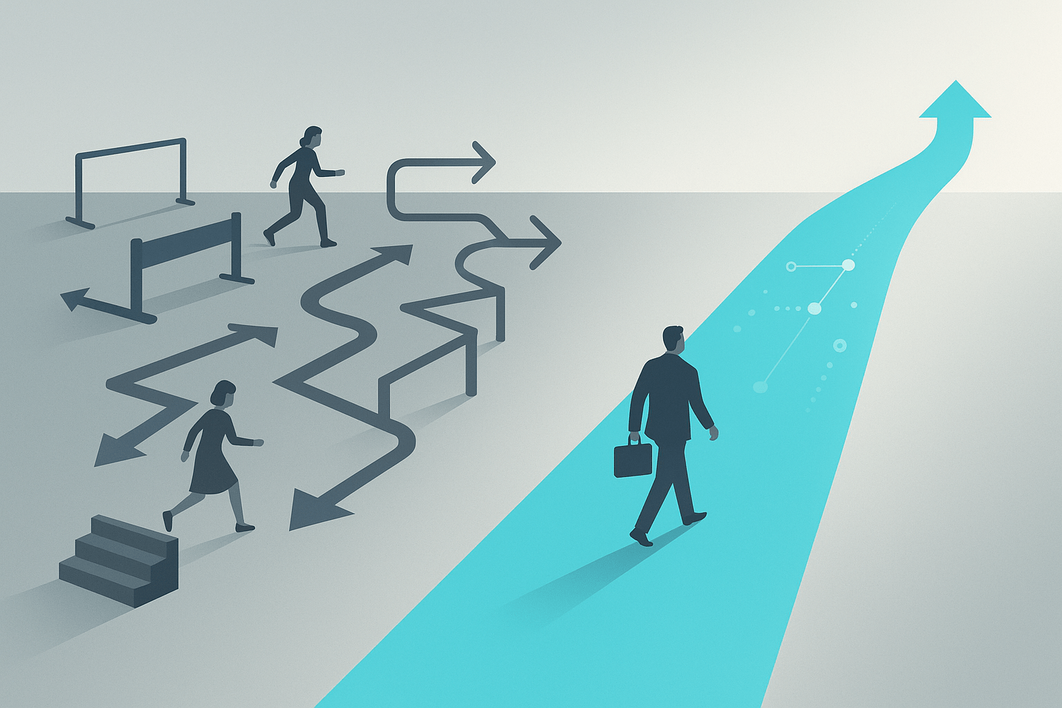 A sleek, minimalist digital illustration showing a cluttered obstacle course (barriers, stairs, detours) on the left transforming into a straight, smooth, brightly lit pathway on the right.