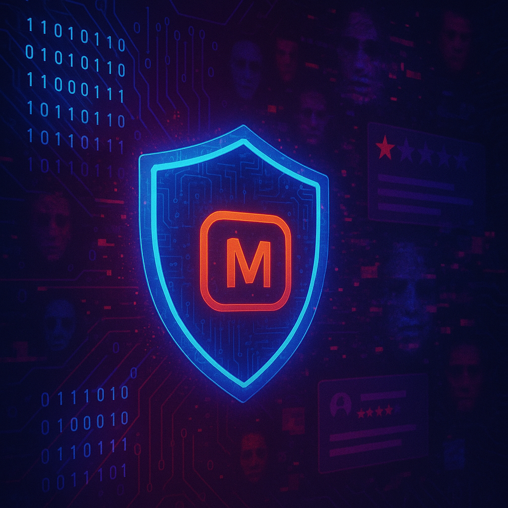 A dark, futuristic abstract artwork showing a glowing digital shield protecting a floating brand icon from incoming streams of synthetic data and fragmented AI-generated symbols. Surrounding the shield are blurred faces, fake reviews, and deepfake-style