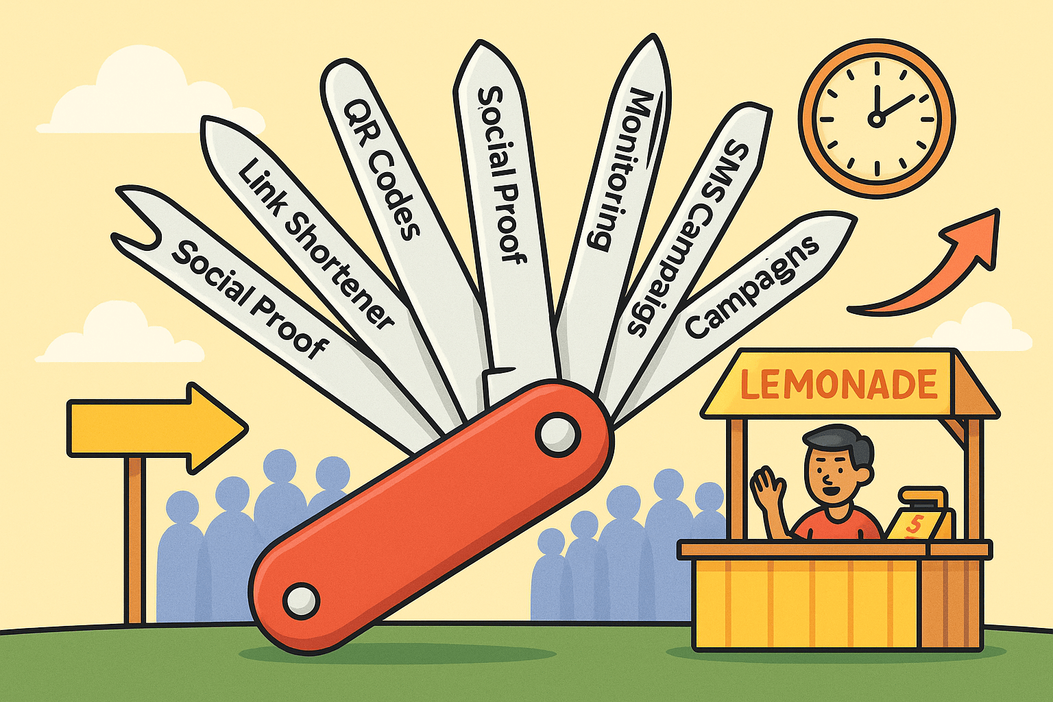 A Swiss Army knife where each blade/tool is labeled with an Acalytica service:  Page builder  Link shortener  QR codes  Social proof  SEO audits  Monitoring  Analytics  SMS campaigns  The knife is open, bright, and central. In the background: