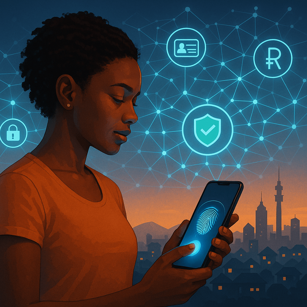 A high-resolution digital illustration showing a secure mobile banking environment. In the foreground, a South African woman uses a biometric scanner on her smartphone to approve a transaction. Behind her, a glowing digital infrastructure network (represen