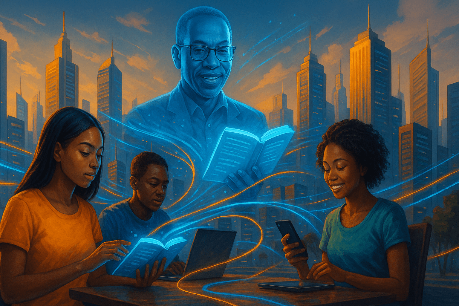 A futuristic African city skyline blending education and technology: diverse young Africans learning with holographic books, AI tutors projected in the air, vibrant blue and gold digital streams connecting classrooms, laptops, and mobile phones.