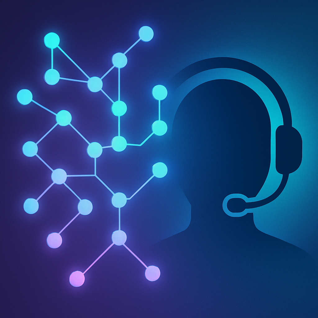 An abstract digital illustration of a branching cause-and-effect graph (nodes connected by glowing lines), flowing into a stylised headset/microphone silhouette that represents a call center agent. The background should feel futuristic, with soft gradients