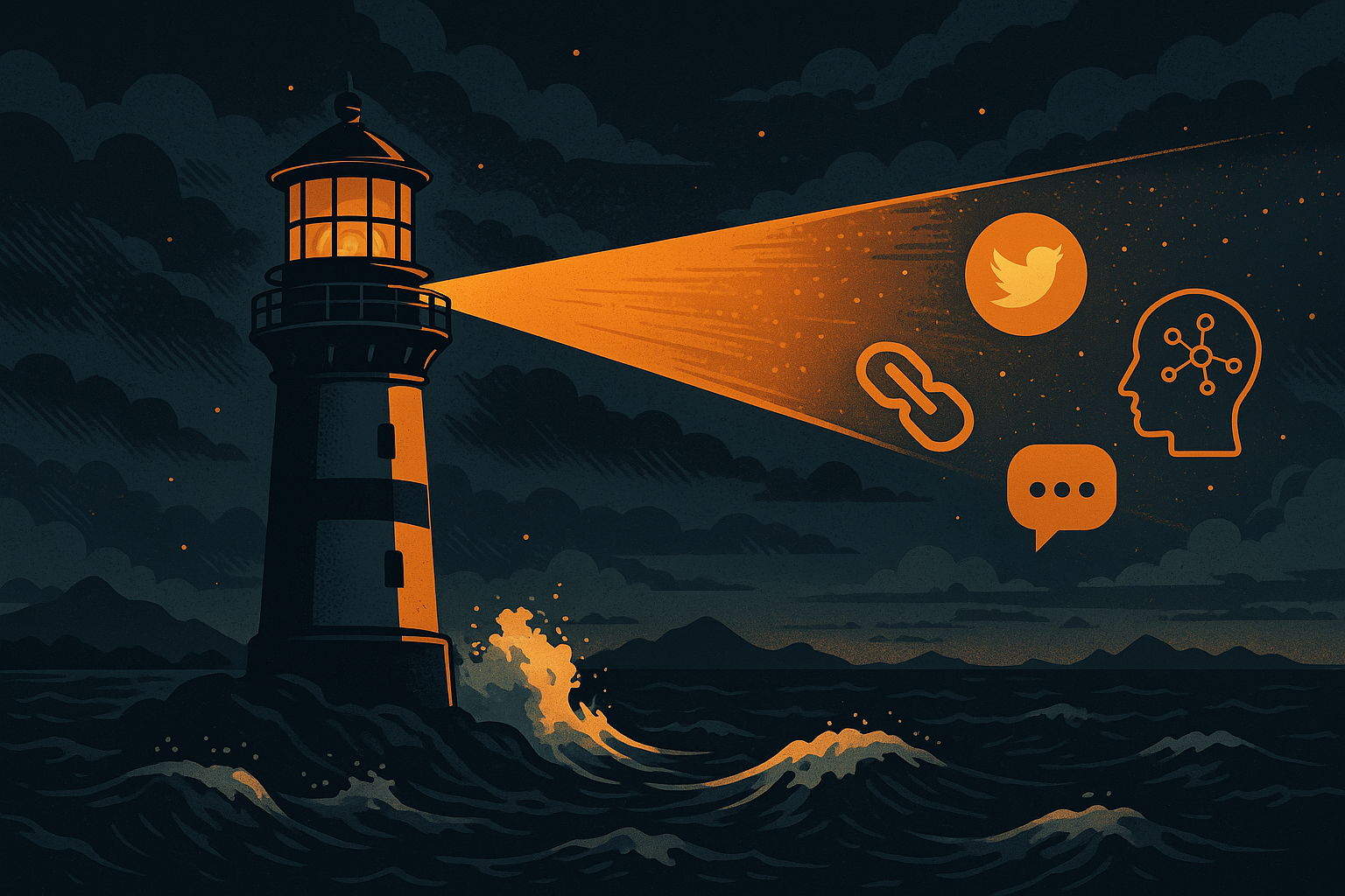 A modern lighthouse shining a bold beam of light through a digital stormy sea. The lighthouse represents a brand’s signal, surrounded by icons of social media, AI, and digital tools. The setting is futuristic yet grounded and blending natural