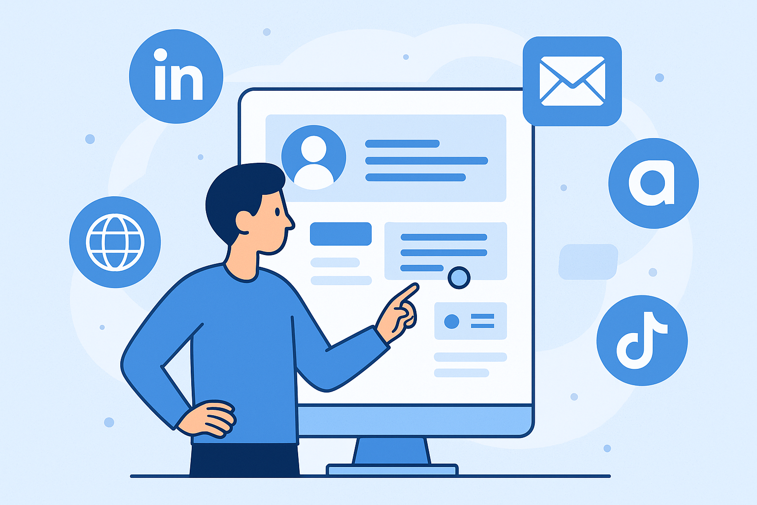 A clean digital interface-style illustration showing a person in front of a dashboard screen, surrounded by icons representing LinkedIn, Acalytica, a globe (Google), email, and social media apps. The elements should be floating around the individual