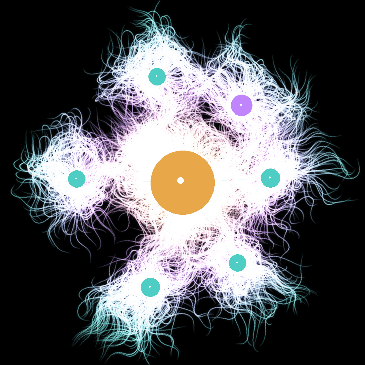 the amber core (the old gatekeeper institution) sits at the centre, with thousands of particle trails bursting outward through violet-to-teal colour transitions — locked knowledge → AI bridge layer → democratized access.