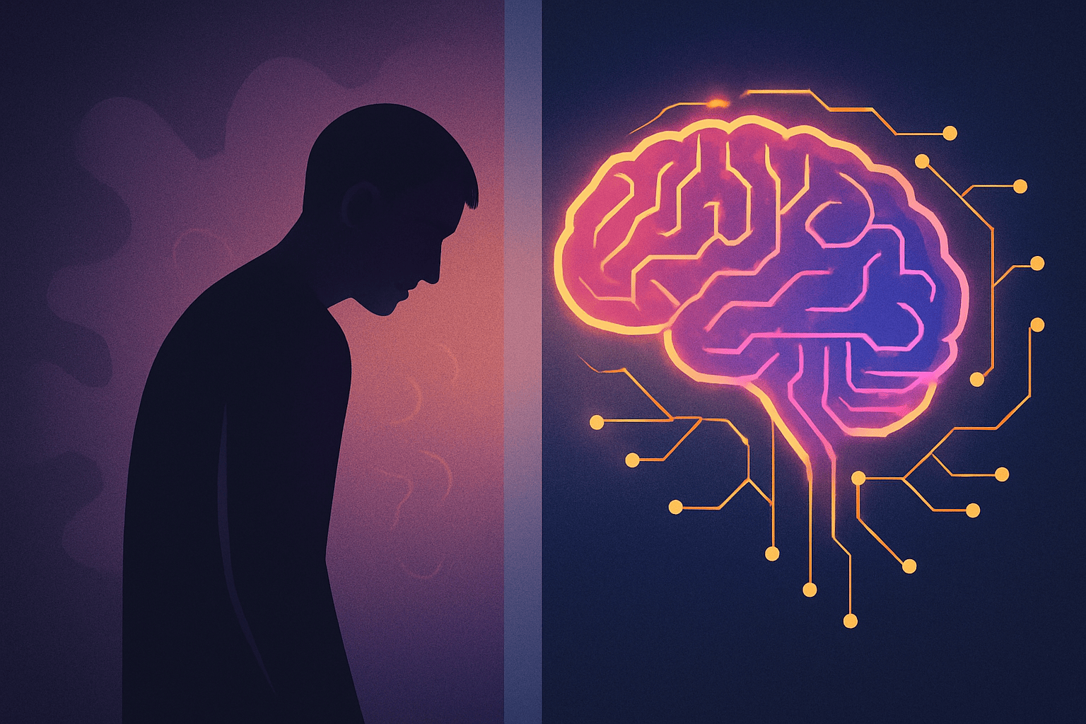 Illustration showing a human silhouette standing before a glowing AI brain. Between them: a translucent wall symbolising psychological barriers. On the human side: confusion and fear in muted tones; on the AI side: structured light and clarity.