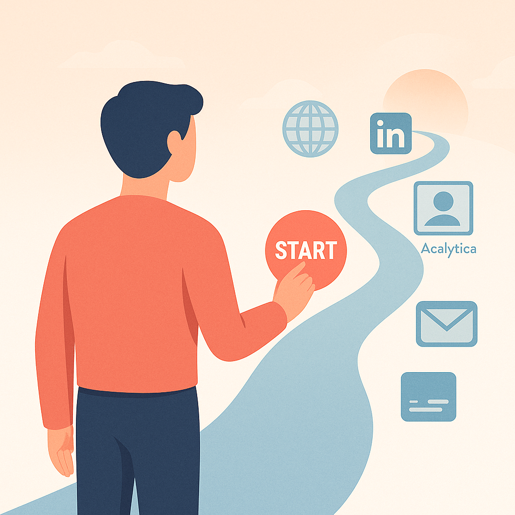 A hopeful, clean illustration of a person standing at the beginning of a digital pathway, holding a glowing “Start” button. The path winds into icons like a globe, LinkedIn, Acalytica, and email, representing growth and visibility.