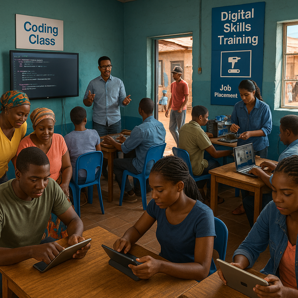 African community learning center offering digital skills training with tablets, coding, and smart city job support