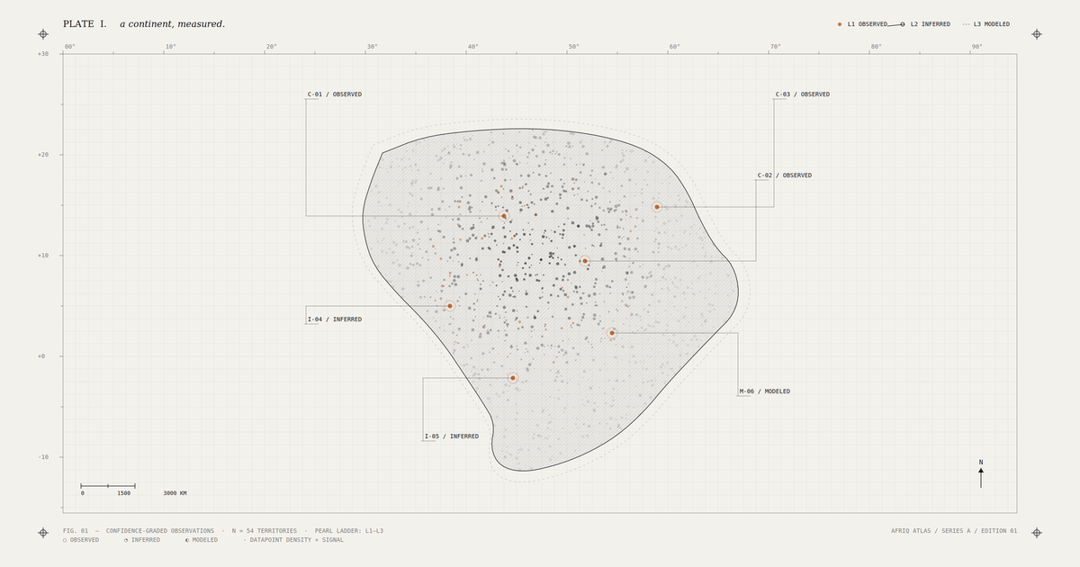 signal density visibly clusters and thins, amber high-confidence markers anchor the eye, hatching gives the surface texture, the dashed inference boundary haloes the territory, annotations lead cleanly out to labels in the margins, and the title kerns prop