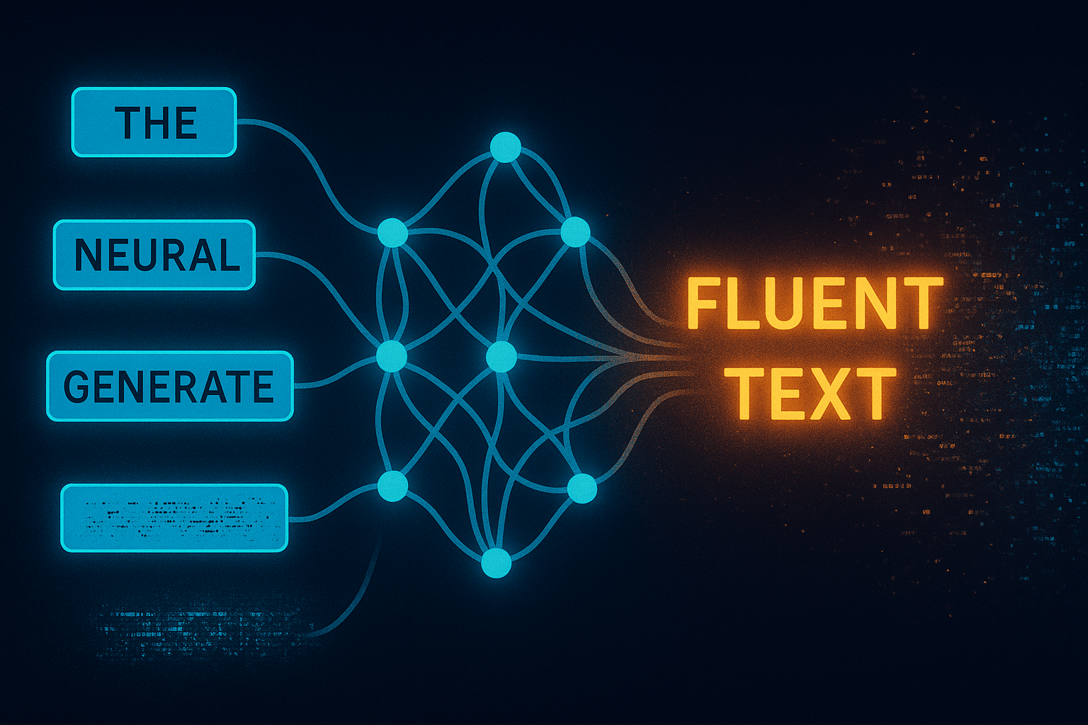 n abstract visual showing a neural network weaving words into a glowing sentence, but with some fragments dissolving into static or noise. This symbolises fluency vs. factual gaps.  Left side: clean structured tokens flowing in.