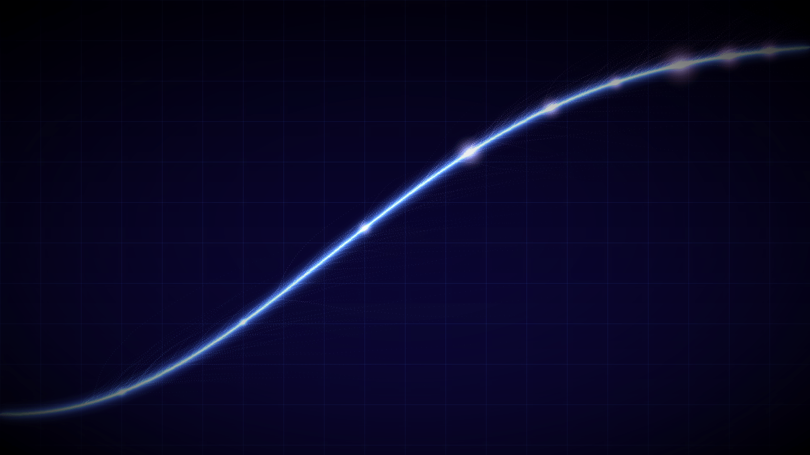 a glowing exponential curve rising from flat to near-vertical against a deep space background, with particle trails streaming upward from the inflection point and luminous nodes marking key moments along the curve. The color palette moves from cool blue at