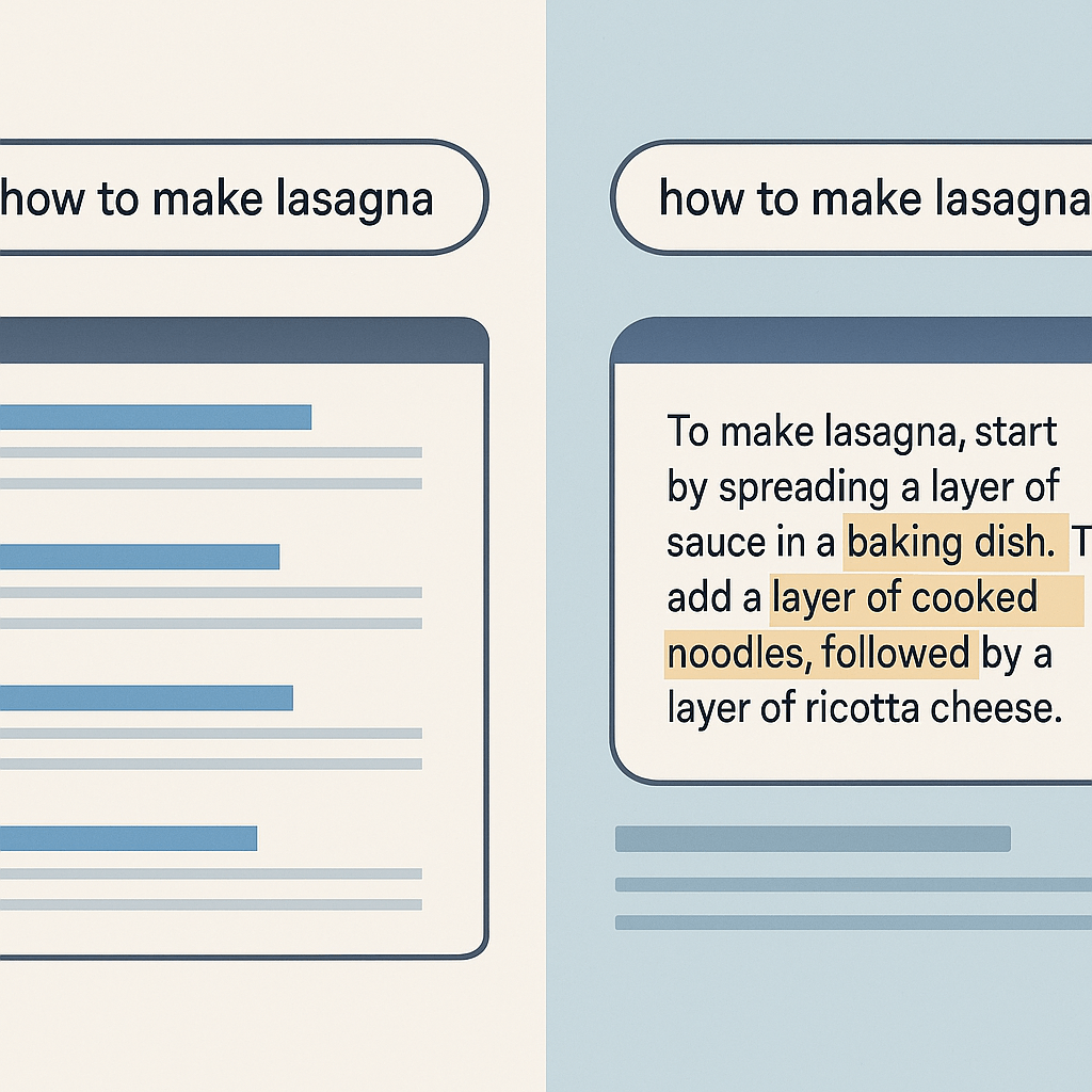 A split-screen visual. On the left, a traditional Google search results page filled with blue links (representing old SEO). On the right, an AI interface (like ChatGPT or Google AI Overview) giving a clean, direct answer with highlighted text.