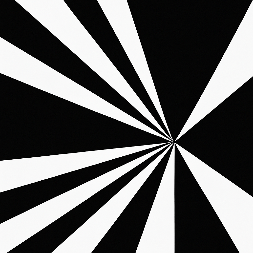 Abstract black-and-white geometric composition with sharp lines converging into a single point. Represents cutting through noise to reach structural clarity. No text. High contrast. Clean, minimal, decisive.