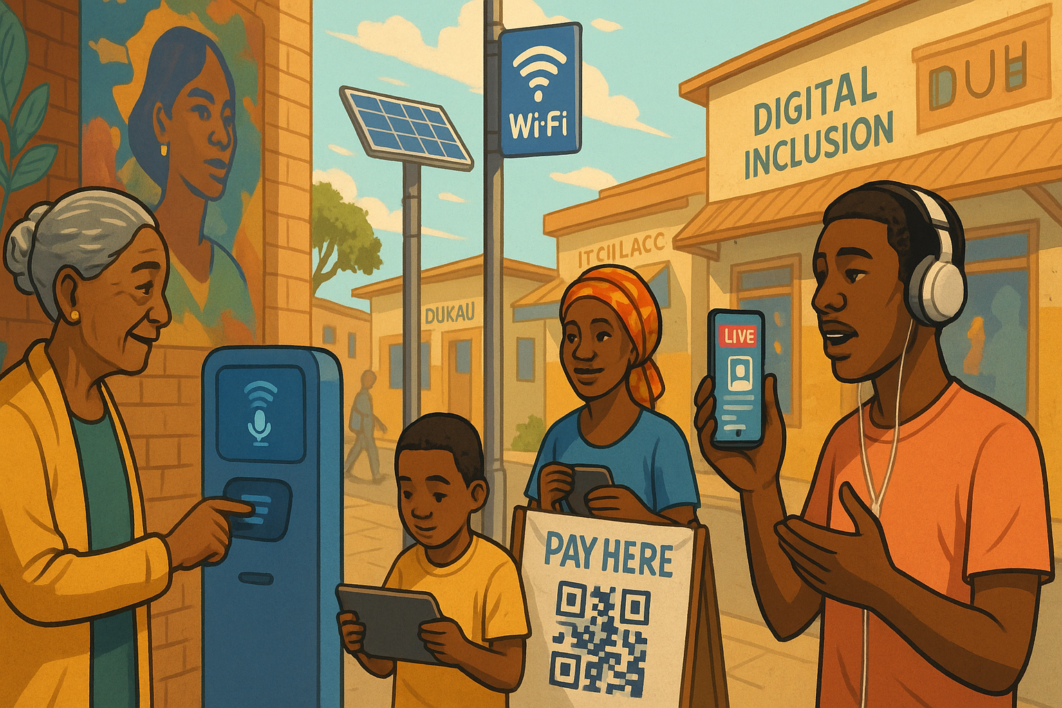 Digitally inclusive African smart city scene with accessible tech, diverse users, and localized content interfaces