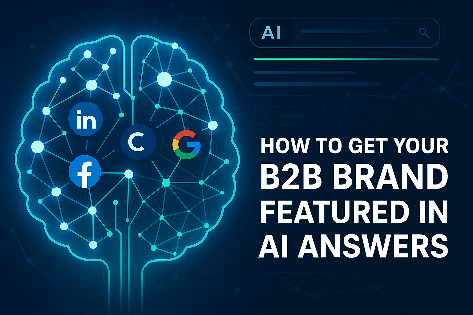 An abstract digital brain formed from interconnected nodes and brand logos, glowing with structured data lines. In the background, a semantic graph floats over a sleek AI-generated search interface. Colours are futuristic — blue, white, neon green.