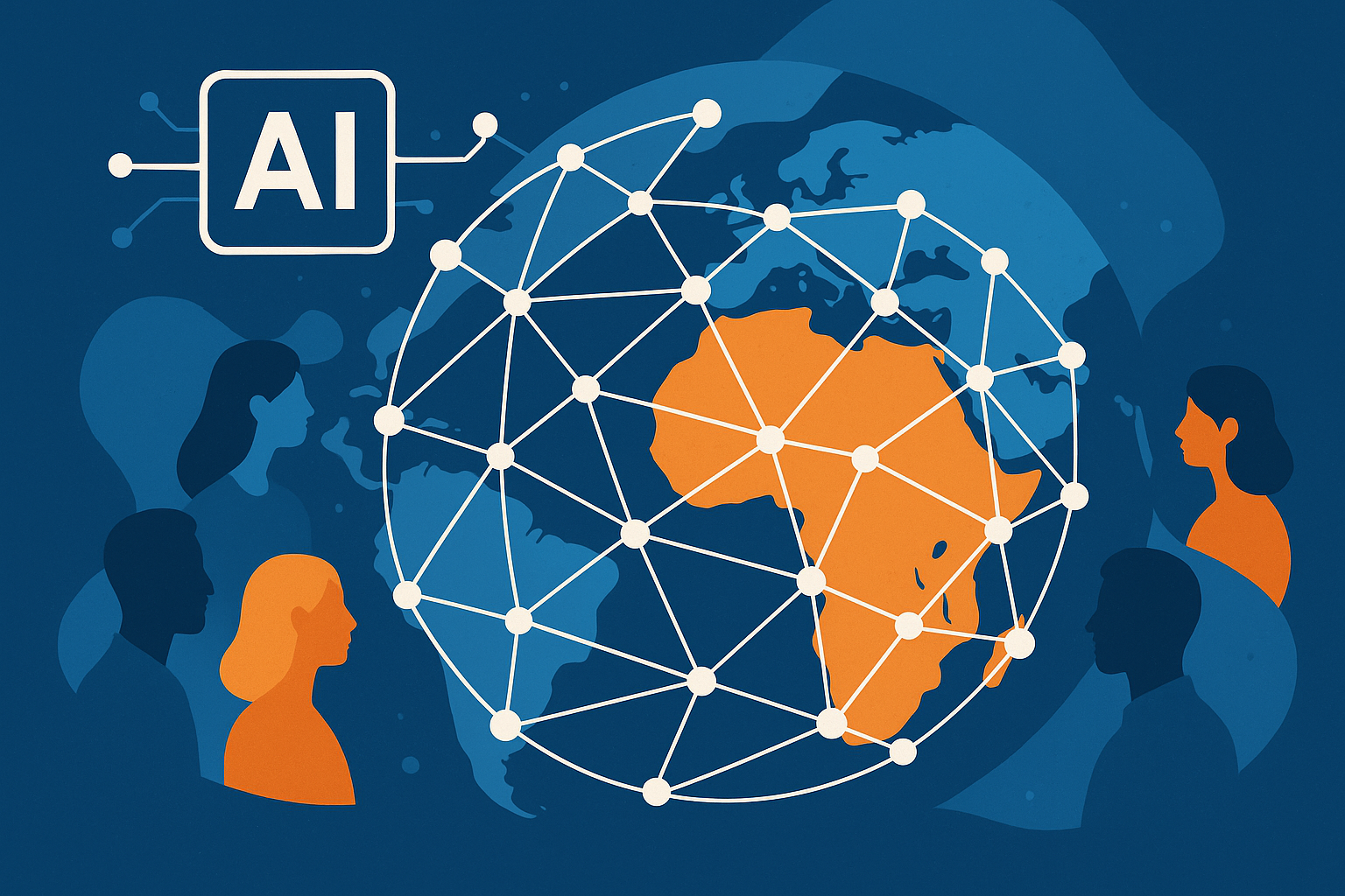 A balanced, globally diverse knowledge network visual. The image should show:  A stylised AI neural network or globe-like data graph.  African countries and nodes prominently connected to the rest of the world (not in the periphery).