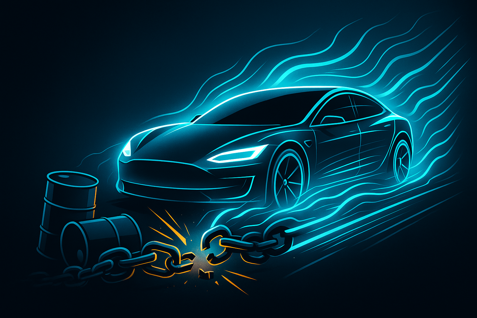 Abstract illustration of a sleek futuristic electric car emerging from broken chains of oil barrels, with glowing energy lines representing innovation and first principles thinking. Minimalist, bold, high-contrast style with clean futuristic aesthetics.