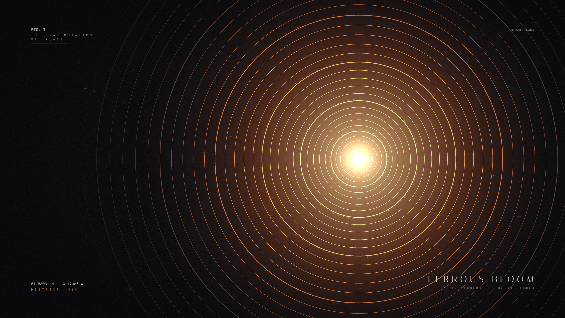 a soot-black industrial ground from which a single luminous core blooms, its concentric gasholder-style rings transmuting outward from iron-grey to ember to gold — the alchemy of the discarded becoming valuable. Faint survey rays converge on the core like