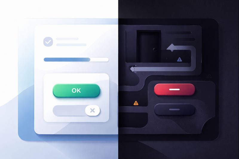 A minimalist, high-contrast abstract illustration showing a clean geometric interface split into light and shadow. On the light side: clear paths, open shapes, balanced symmetry. On the dark side: hidden doors, misleading arrows, subtle traps, asymmetric