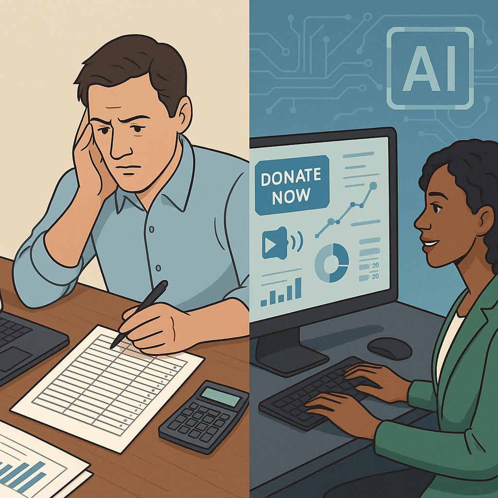 A split image showing a traditional fundraiser with spreadsheets on one side, and on the other, an AI dashboard automating outreach and visualizing donations in real-time.