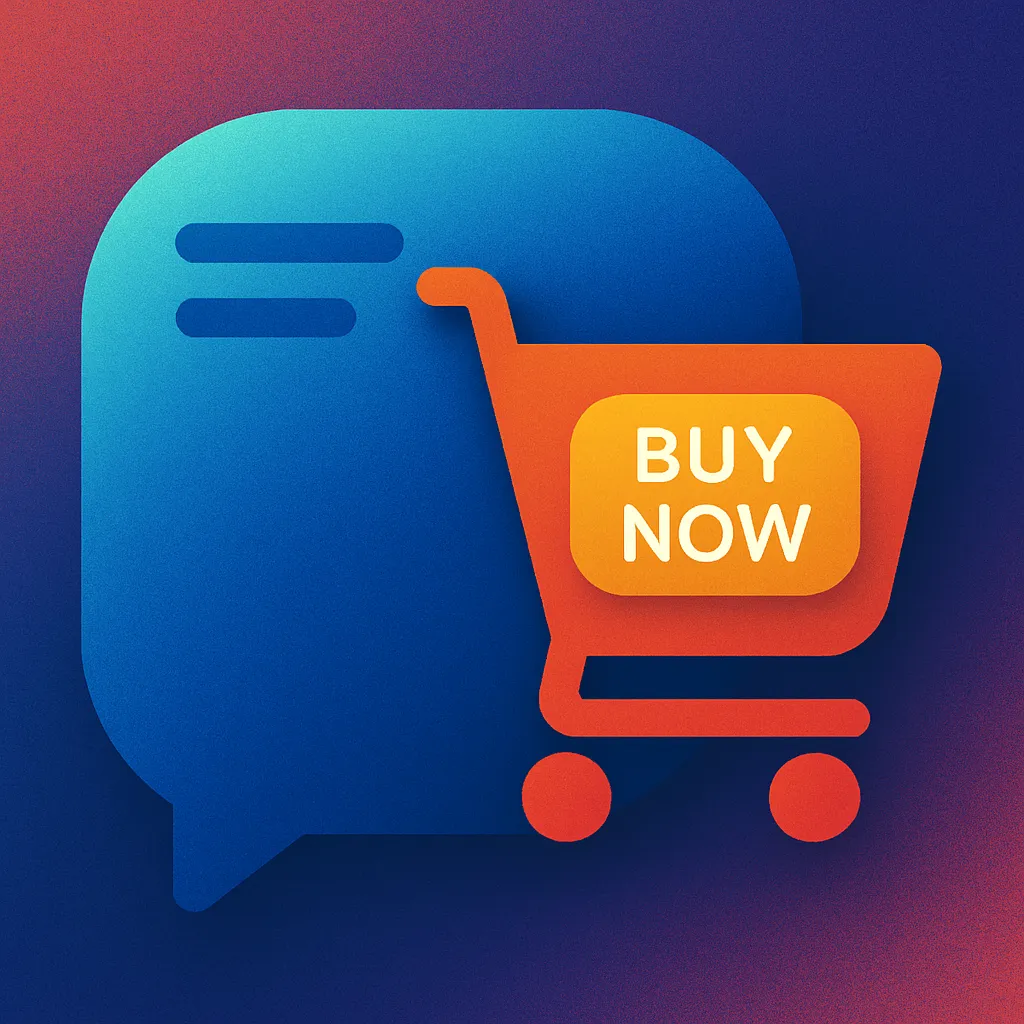An abstract illustration of a chat bubble morphing into a shopping cart, glowing with a one-tap “Buy Now” button inside. Background: a gradient of AI-style digital mesh to suggest the future of commerce.
