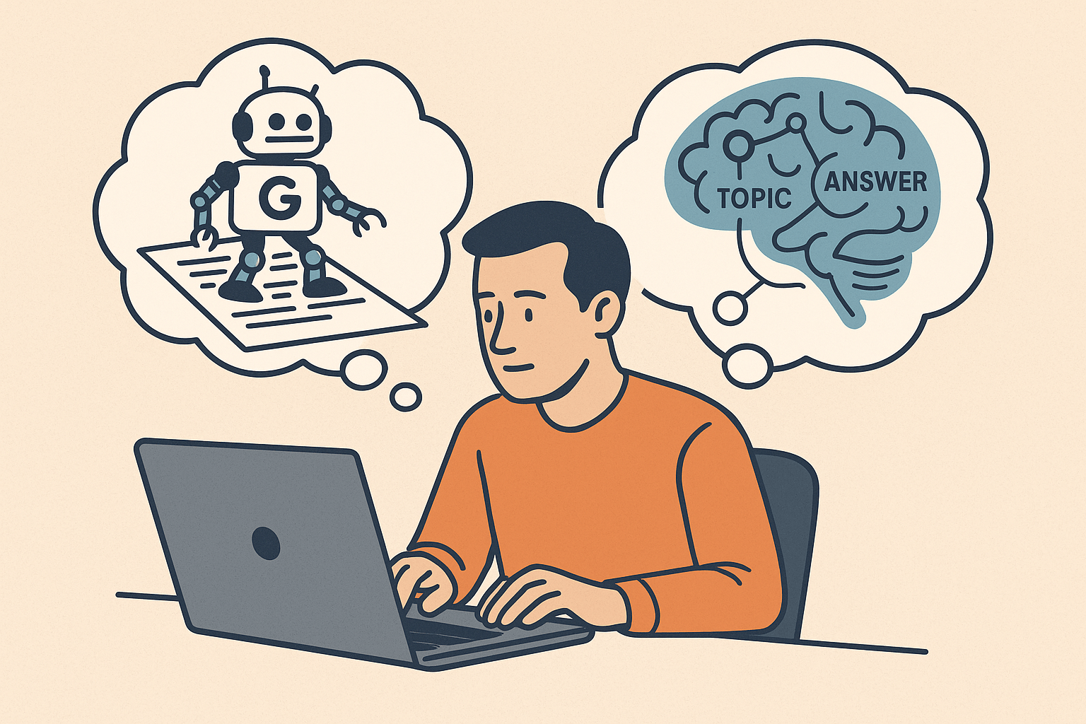 A person writing a blog post on a laptop, while above them, two thought bubbles show (1) Google’s crawler bot scanning keywords, and (2) an AI brain diagram connecting entities like “topic → context → answer.”