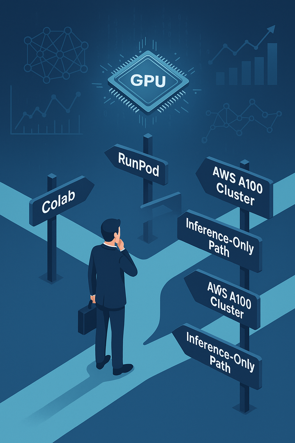 An isometric digital map that shows a startup founder standing at a fork in the road, with signposts pointing toward different compute paths—marked Colab, RunPod, AWS A100 Cluster, and Inference-Only Path. Behind the figure, a backdrop of AI symbols.