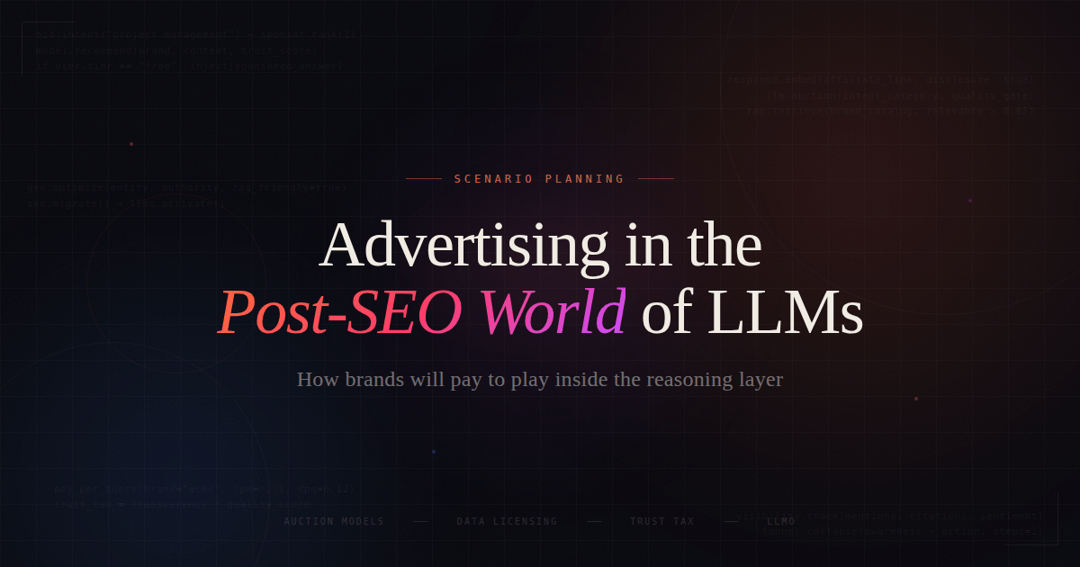 dark editorial aesthetic with subtle code fragments referencing LLM ad mechanics (auction bids, trust scores, pay-per-query) in the background, a gradient-accented title, and the four scenario pillars anchored at the bottom. 1200×630px, optimized for socia