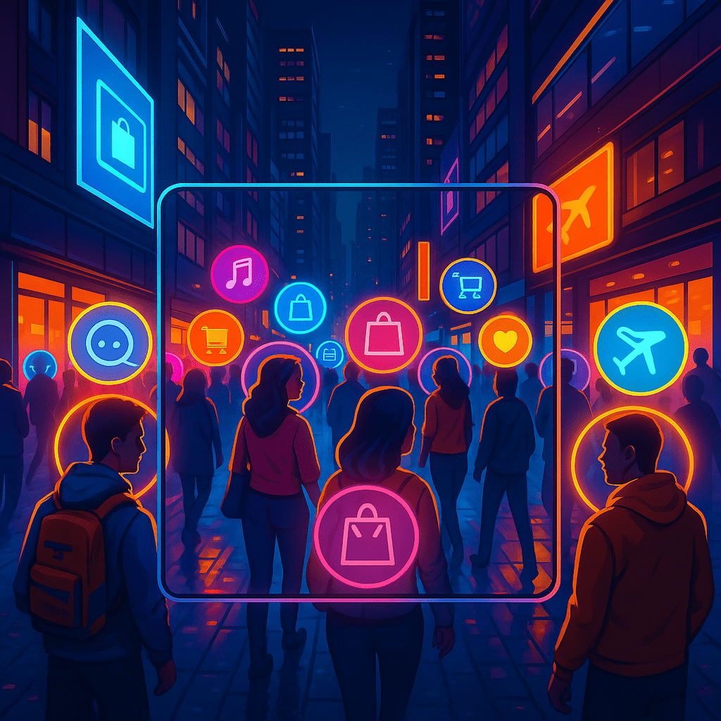 A vibrant, futuristic city street where each person walks with a glowing personalised “halo” of icons above them (music, food, shopping, travel, etc.), representing their unique preferences. The brand’s perspective is shown as a transparent lens overlay, h